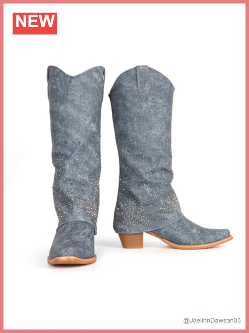 Knee High Rhinestone Cowgirl Boots Pointed Toe Chunky Heel Fold Over